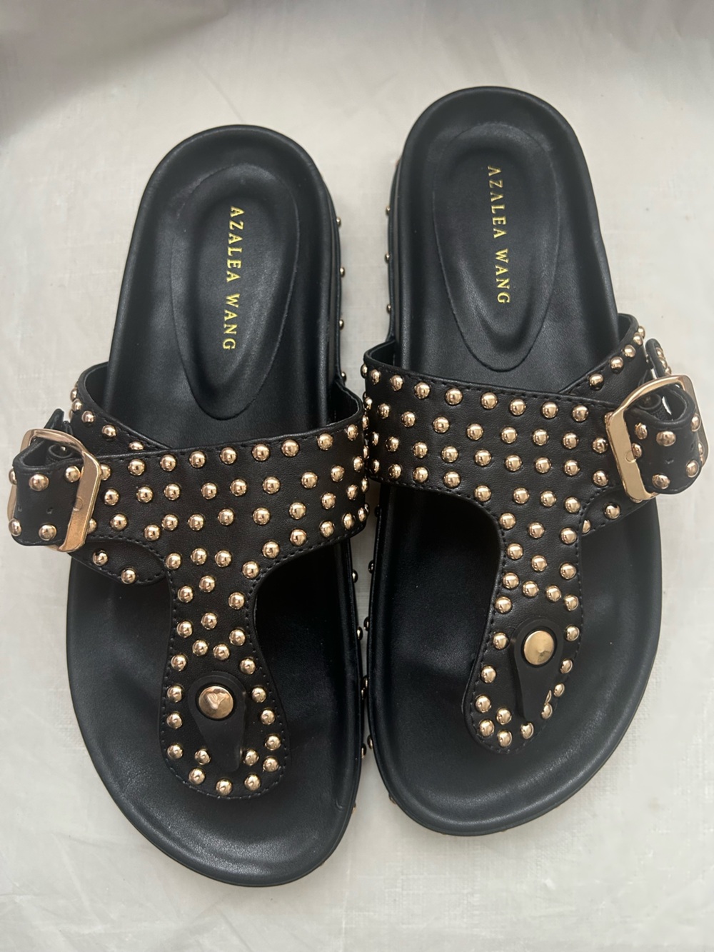 Black Studded Slide Sandals with Gold Accents by Azalea Wang